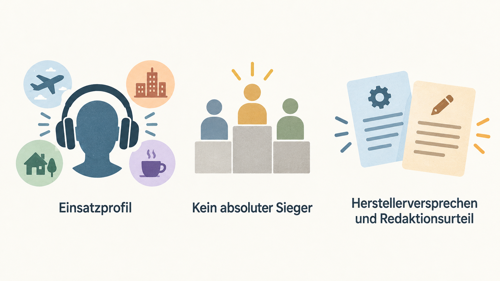 Redaktionelle Illustration zu Die besten Noise-Cancelling-Kopfhörer: Sony, Bose, Apple und Sennheiser nach Dämpfung, Akkulaufzeit und Tragekomfort eingeordnet