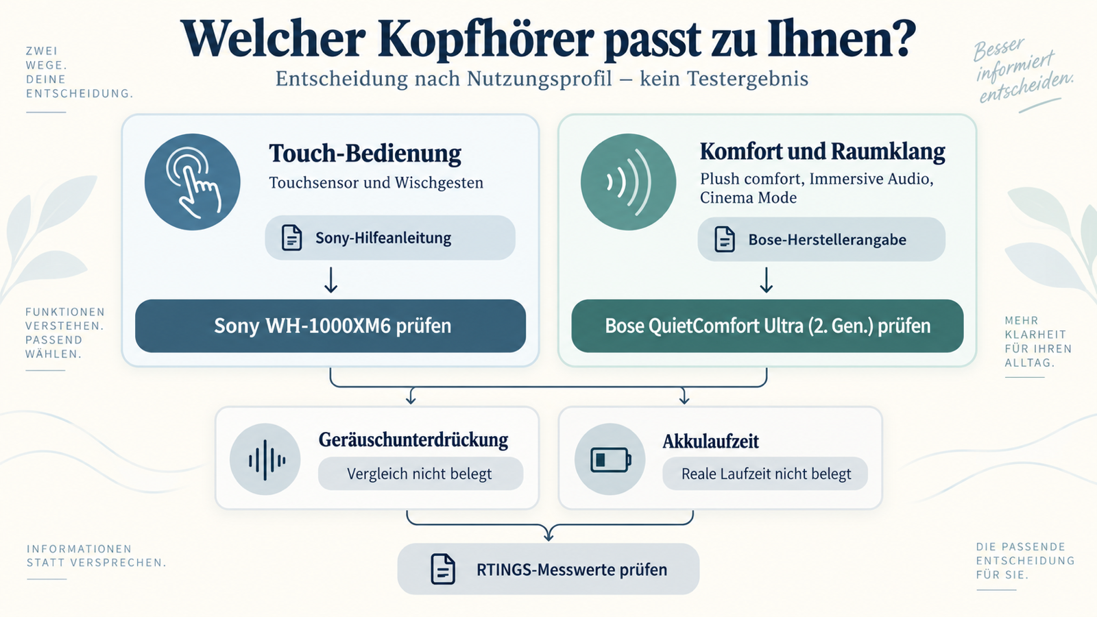 Redaktionelle Illustration zu Sony WH-1000XM6 vs. Bose QuietComfort Ultra (2. Gen.): Welcher ANC-Kopfhörer passt besser?